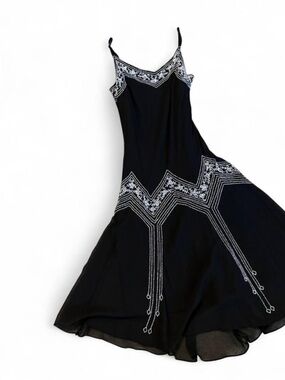 90s Beaded Flapper Midi Dress Whimsigoth Black with White Beading